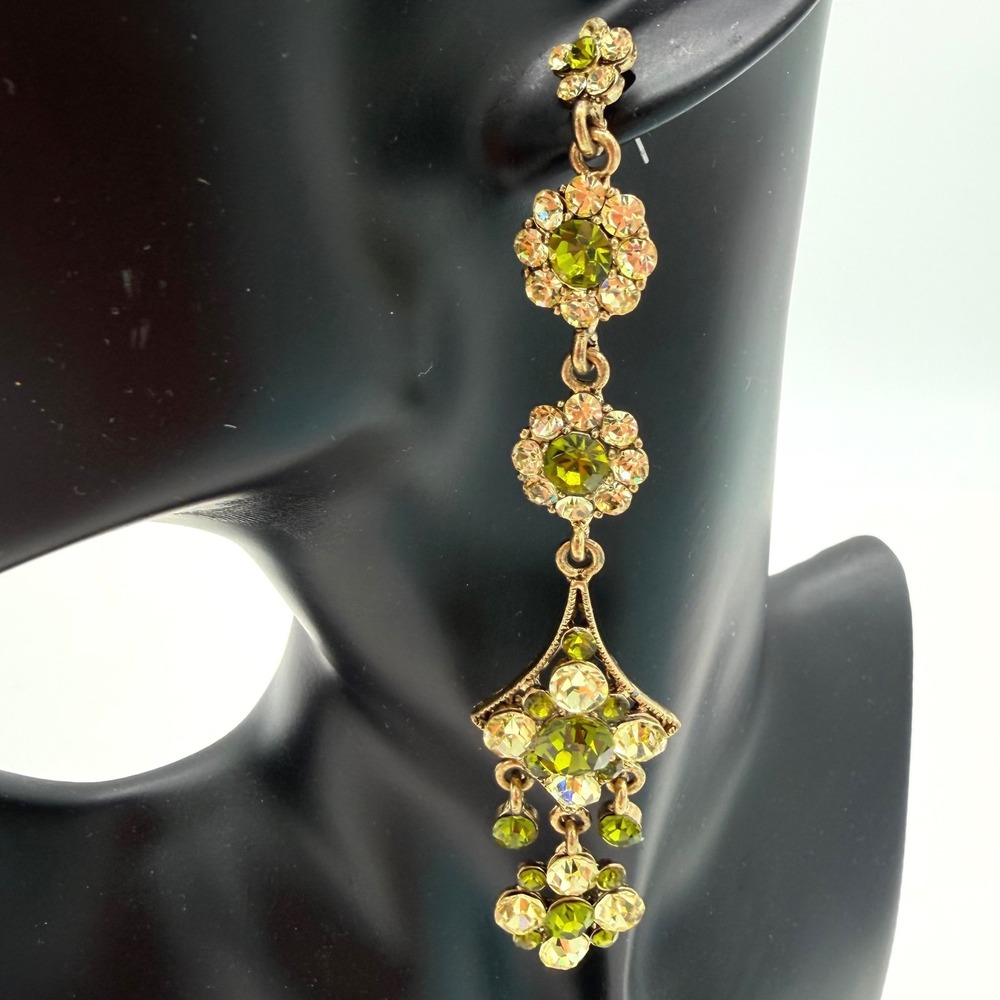Vintage Green Chandelier Rhinestone Dangle Earrings Gold Tone Statement 4"